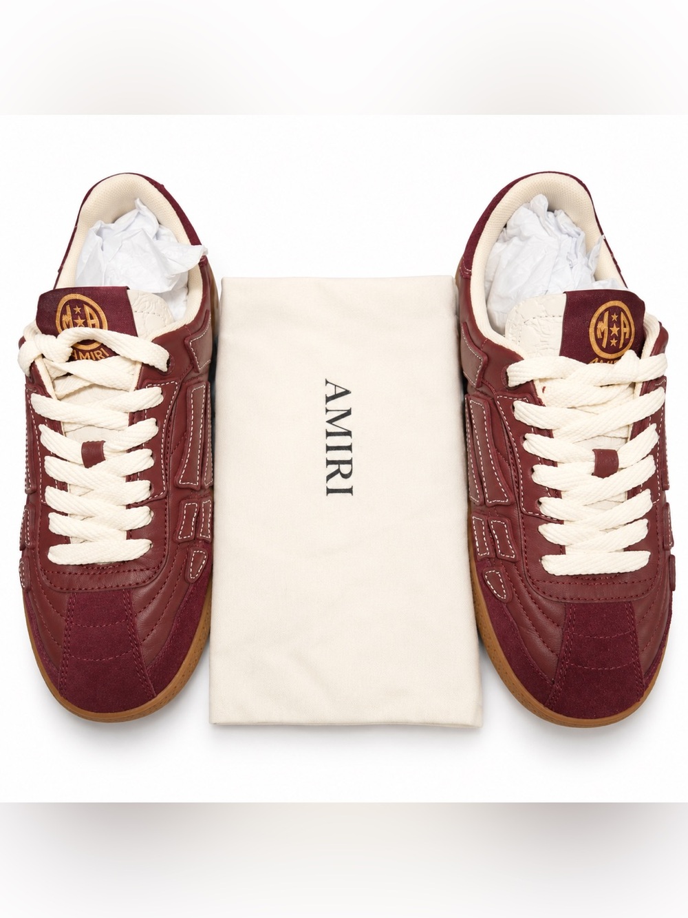 A AMIRI Pacific Football Aged Port Burgundy Sneakers EU 42 & Dust Bag Set